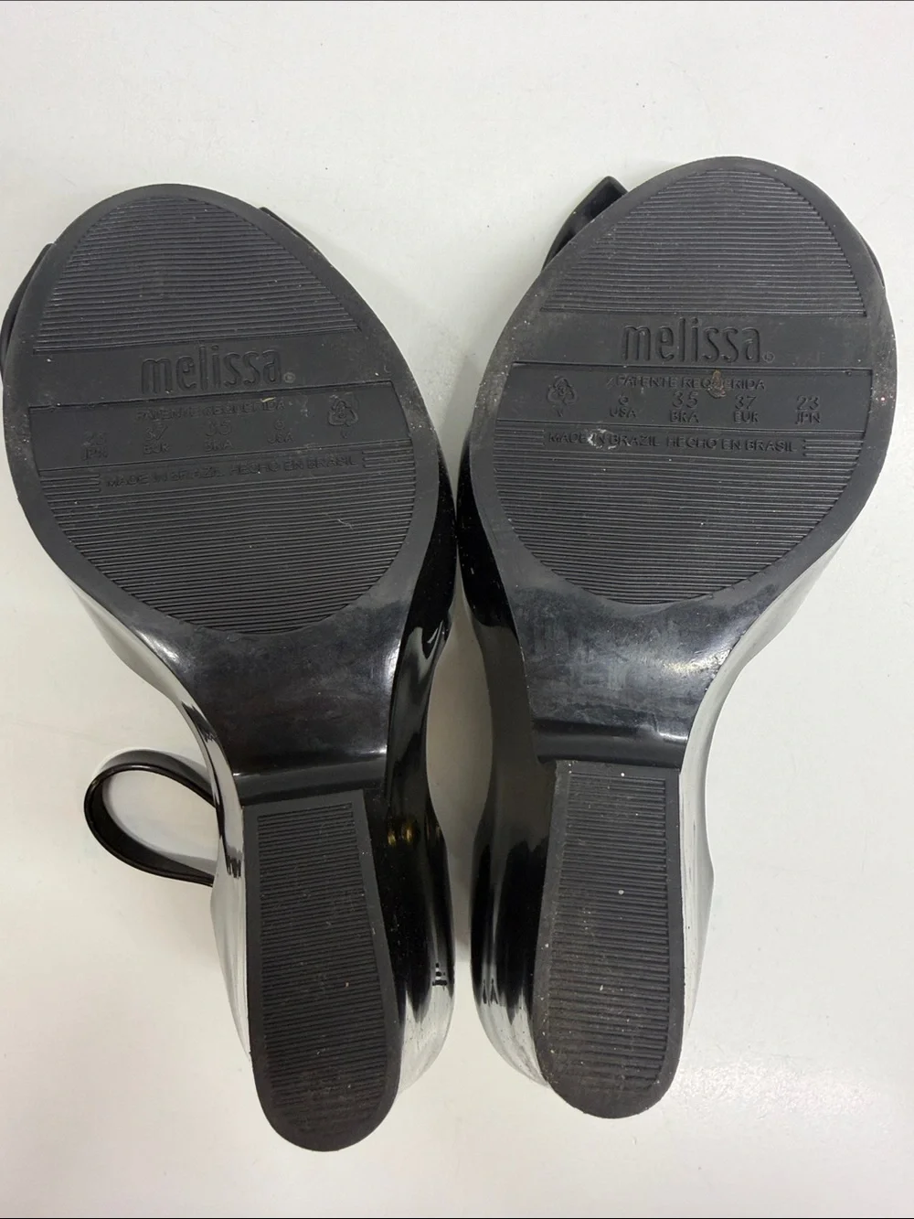 Melissa Lady Love III Heels Wedges Shoes Bow Peep Toe PVC Shiny Black Size 6